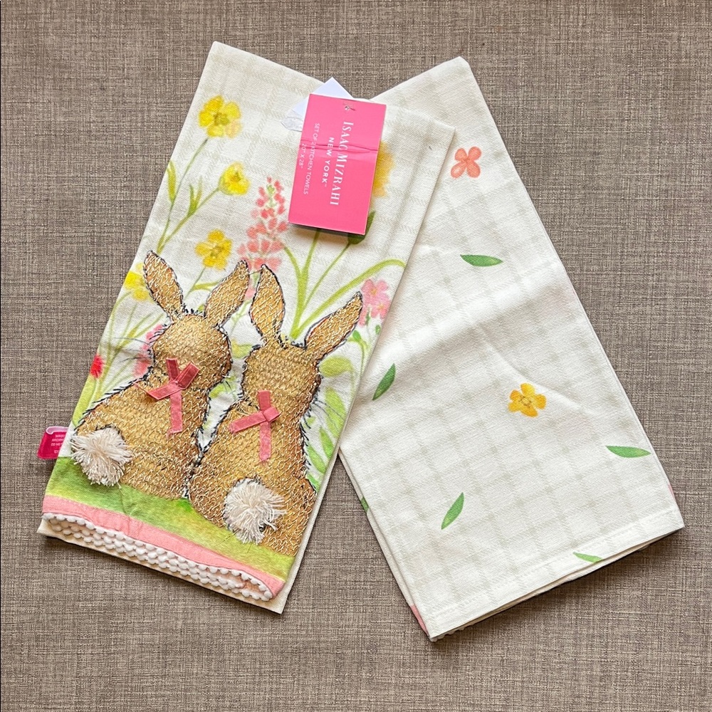 Isaac Mizrahi Bunny Rabbit Kitchen Tea Towels Set of 2 Spring NWT